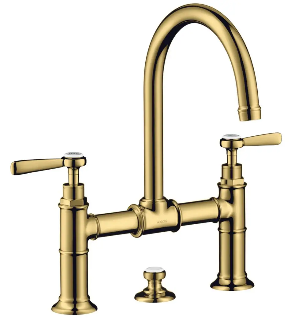 Waschtischarmatur mit zwei Hebelgriffen und Zugstangen-Ablaufgarnitur in Polished Gold Optic, gefertigt von AXOR, mit elegantem, geschwungenem Auslauf und robustem Design.